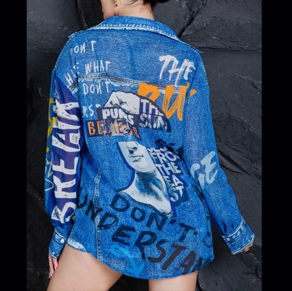 Casual Denim Effect Chiffon Blouse & Short Set Blue - Picture 2 of 16